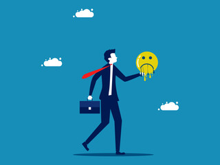 Suffering disappears. Businessman holds a melting sad face icon. Vector