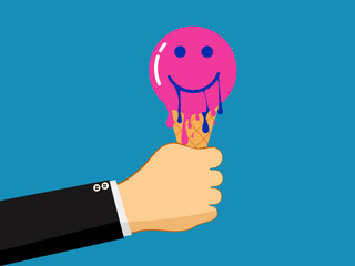 Hand holding ice cream with a melting smiley face icon. Happiness melts away. Vector - obrazy, fototapety, plakaty