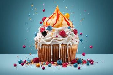 Cupcake, drizzled with white chocolate and decorated with fresh berries, multi-colored meringue and whipped cream. Blue background. - obrazy, fototapety, plakaty