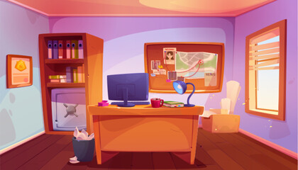 Detective office interior. Vector cartoon illustration of police station room with evidence board on wall, computer on wooden desk, armchair, folders with case documents on shelf, day light in window