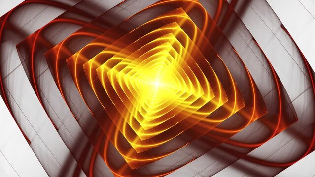 Shining yellow light revolving on background of brown and claret red stripes, lines. Glowing metamorphoses with whirling spiraliform motion. Abstract changes of squarish shapes. 4K UHD 4096x2304