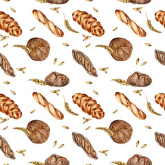 Variety bread watercolor seamless pattern isolated on white. Hand drawn rye bread, loaf for bakery. Painted rye of wheat. Illustration of baguette. Element for design bakeshop, package, trade