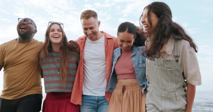 Walking, nature and friends laughing together outdoor for travel, freedom or carefree fun in summer. Sky, diversity and funny with group of young gen z people hugging for holiday, support or social
