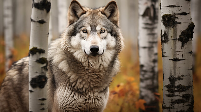 grey wolf canis lupus next to birch tree