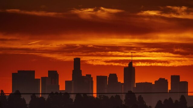 City of Los Angeles skyline at sunrise. 4K Timelapse.