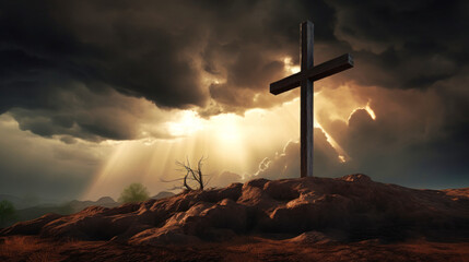 Silhouette of a cross against a background of thunderclouds and light. Calvary. Easter concept. Resurrection of Jesus. - obrazy, fototapety, plakaty
