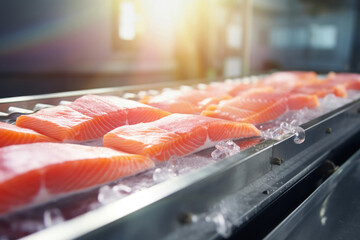 The detail of a fish salmon factory, processing line. Fish and food industry abstract. Salmon...