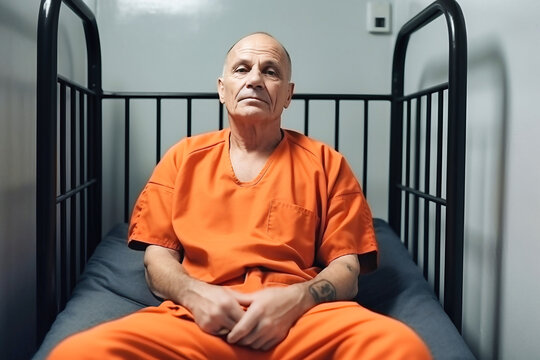 middle Caucasian prisoner in aged orange uniform behind metal bars, looking at camera. Criminal serves term of imprisonment in prison cell. Inmate stands behind bars in jail or detention center
