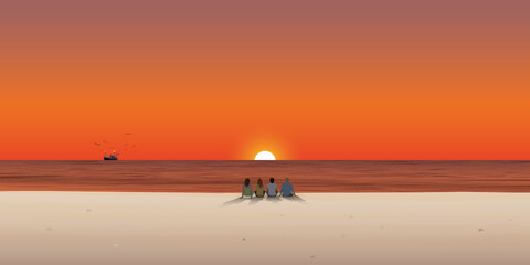 Group of friends sitting together on the beach at sunset with fishing boat followed by seagulls on the horizon vector illustration. Friendship's travelling concept flat design have blank space.