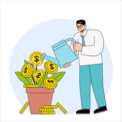 Businessman Watering Money Tree. Growing Wealth Graphic,  Business Financial Concept
