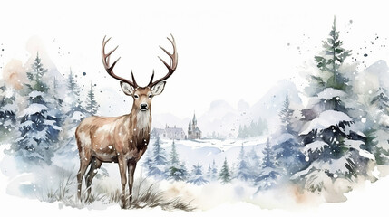 watercolor winter illustration wild animals deer in the winter - obrazy, fototapety, plakaty