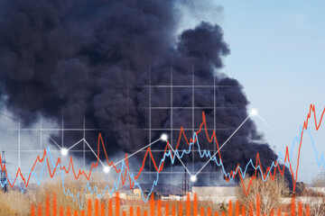 Black smoke from the fire, graph. Seasonal forest fires. Selective focus