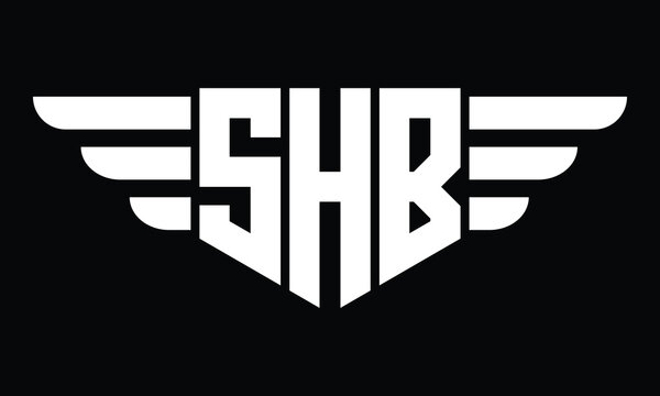 SHB three letter logo, creative wings shape logo design vector template. letter mark, wordmark, monogram symbol on black & white.	