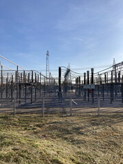 High voltage substation in the morning with simplified mood at Nakhonratchasima, Thailand 