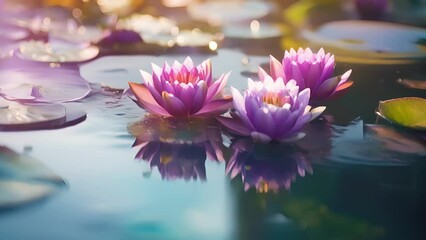 Closeup of a small pond, adorned with vibrant water lilies and other aquatic plants, adding a touch of elegance to the poolside scenery.