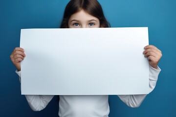 Cute little girl holding blank white sheet of paper in her hands