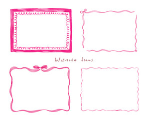 水彩タッチの大人かわいいシンプルな飾り枠のセット［長方形・横型・ピンク・リボン］