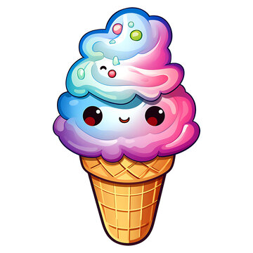 cute kawaii ice cream clipart with rainbow color transparent background for sticker design illustration
