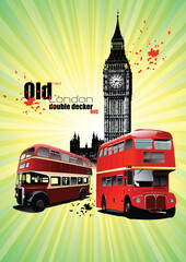 Poster  with two old London red double Decker buses. Vector illustration - obrazy, fototapety, plakaty