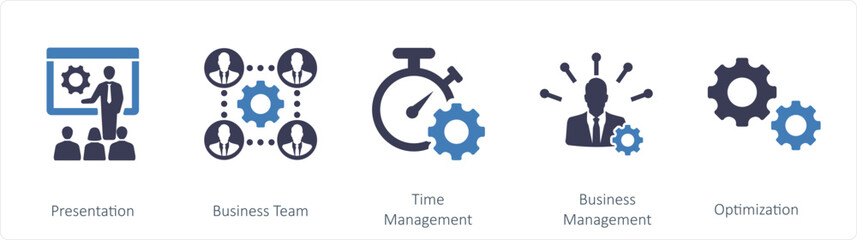 A set of 5 mix icons as presentation, business team, time management