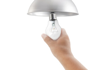 closeup hand changing an electric light bulb, transparent background