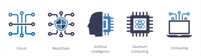 A set of 5 mix icons as circuit, blockchain, artificial intelligence