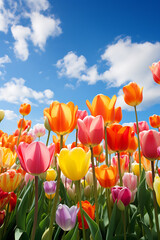 Fields of vibrant tulips under a clear blue sky (AI Generated)