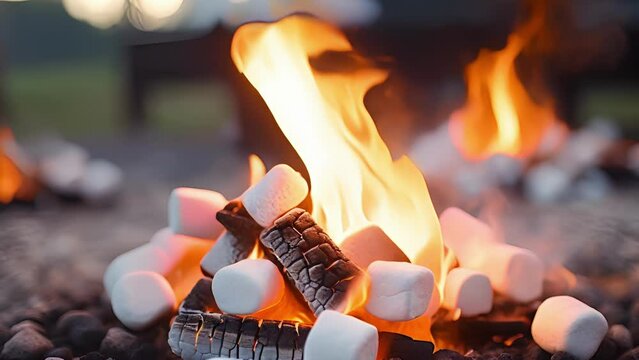 Closeup of marshmallows slowly roasting over the embers of the bonfire, getting ready to be turned into smores.