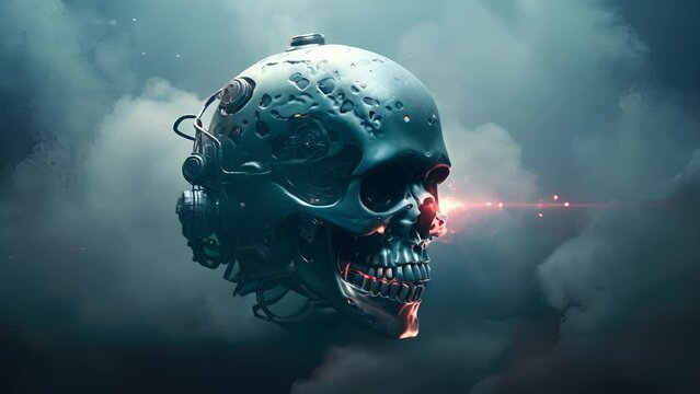 A metallic skull with a glowing cybernetic implant protruding from the side surrounded by clouds of steaming fog. cyberpunk ar