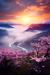 A sunrise over a mist-covered valley with cherry blossoms (AI Generated)