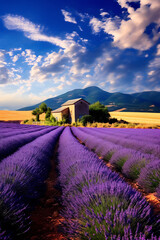Lavender fields in Provence with a vibrant blue sky (AI Generated)