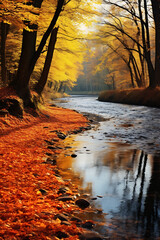 A winding riverbank with reflections of orange and yellow leaves, autumn (AI Generated)