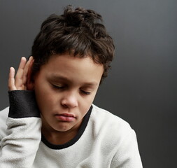 deafness suffering from loss hearing on grey background with people stock image stock photo