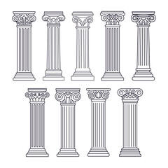 Obraz premium Set of Antique White Columns Transparent Icon Set, Ancient pillars set isolated on white background with stone effect outline. Classical columns vector set, Greek pillar, historic line podium.