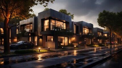 Naklejka premium Contemporary modular black townhouses with a private design. Exterior showcasing modern residential architecture