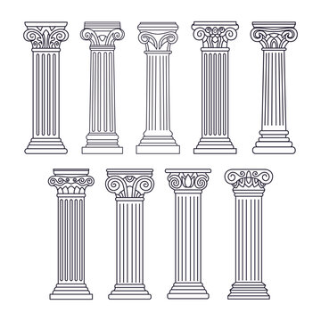 Set of Antique White Columns Transparent Icon Set, Ancient pillars set isolated on white background with stone effect outline. Classical columns vector set, Greek pillar, historic line podium.