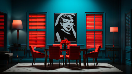 Dining room - pop art style - round table with flower arrangement - windows - red light 