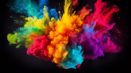 colorful rainbow holi paint color powder explosion on black background - obrazy, fototapety, plakaty