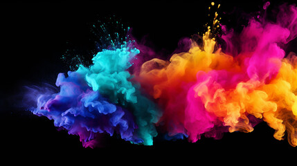 black background with colorful rainbow holi paint color powder explosion