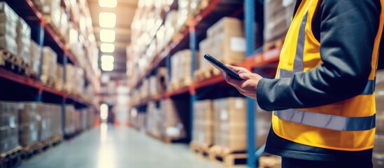 Factory engineer holding tablet managing inventory control and dispatching transportation.