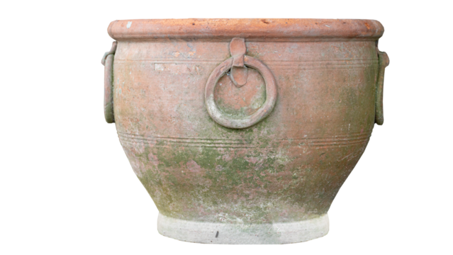 A pot made from terracotta with a round loop like a handle decorating the side. On isolated white background. 