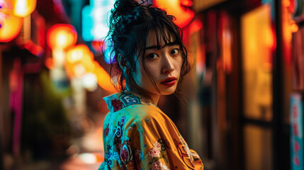 Fototapeta premium Japanese young woman dressed in 90's clothing
