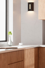 Fototapeta premium A bright beige-toned kitchen interior with sunlight coming through the window.