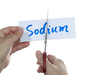Scissors cutting word sodium on paper