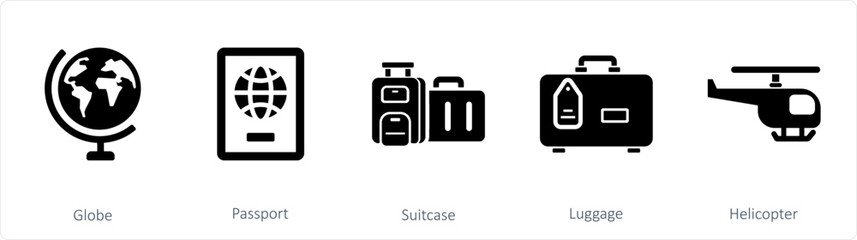 A set of 5 mix icons as globe, passport, suitcase