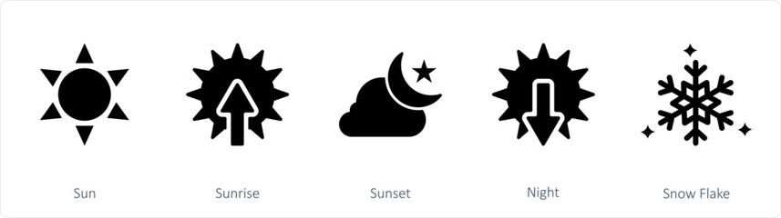 A set of 5 mix icons as sun, sunrise, sunset