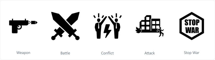 A set of 5 mix icons as weapon, battle, conflict