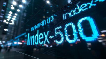 A financial photo displaying a stock market ticker with the text "Index-500" written on the screen