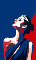 Stylized vector illustration of a woman in a blue dress in front of an abstract minimalist background.