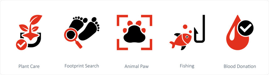 A set of 5 mix icons as plant care, footprint search, animal paw